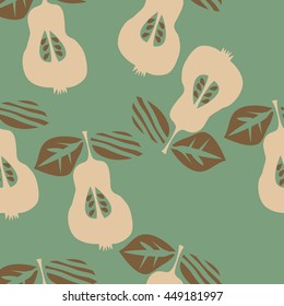 Seamless pattern of fruits, doodles,  object, pears, leaves, grains, hole,. Hand drawn.