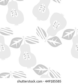 Seamless pattern of fruits, doodles,  object, pears, leaves, grains, hole,. Hand drawn.