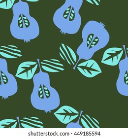 Seamless pattern of fruits, doodles,  object, pears, leaves, grains, hole,. Hand drawn.