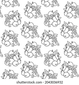 Seamless pattern with fruits drawn by a black line on a white background. Apples, grapes, citrus and banana. Harvest symbol. Vector illustration in minimalistic flat style, hand drawing