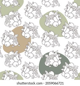 Seamless pattern with fruits drawn by a black line on a white background with abstract color spots. Apples, grapes, citrus and bananas. Vector illustration in minimalistic flat style
