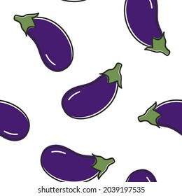 Seamless pattern with fruits of eggplant in a modern style on a white background. Texture with vegetables, print for fabric, grocery store, farmers market.