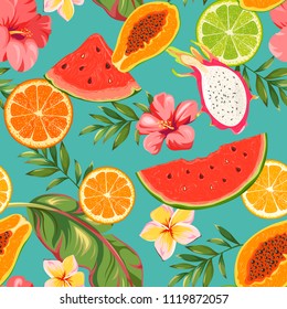 Seamless pattern with fruits and exotic flowers