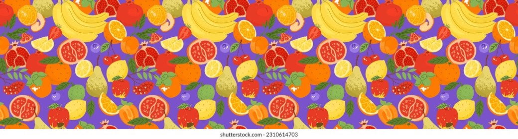 Seamless pattern with fruits. Farm products, organic farming. Different types of fruits. Melon, watermelon, berries, citrus. Vector illustration for farmers and food markets. 