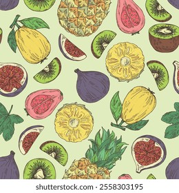 Seamless pattern with fruits: fig fruit, kiwi, guava fruit and pineapple. Vector hand drawn illustration.