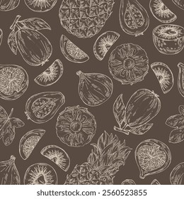 Seamless pattern with fruits: fig fruit, kiwi, guava fruit and pineapple. Vector hand drawn illustration.