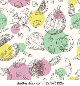 Seamless pattern with fruits: figs fruit, dates, durian frut and longan. Vector hand drawn illustration.