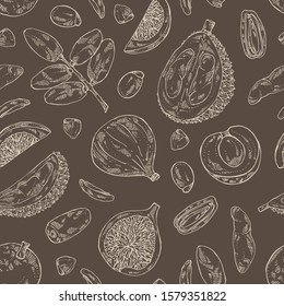 Seamless pattern with fruits: figs fruit, dates, durian frut and longan. Vector hand drawn illustration.