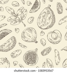 Seamless pattern with fruits: figs fruit, dates, durian frut and longan. Vector hand drawn illustration.