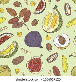 Seamless pattern with fruits: figs fruit, dates, durian frut and longan. Vector hand drawn illustration.