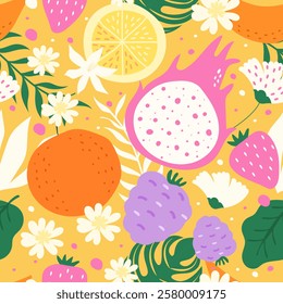 Seamless pattern fruits and flower on yellow pastel backgroud. mulberry, Dragon fruit, Strawberry, Banana, Lemon, Orange. Vector illustration.