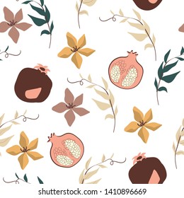 Seamless pattern with fruits and flowers. Cartoon vector illustration in flat style for textile, background.