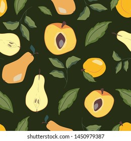 Seamless pattern with fruits and flowers. Pears and apricot. Vector.