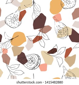 Seamless pattern with fruits and flowers. Vector. Hand drawing ink illustration. 