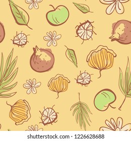 Seamless pattern with fruits, foliage and vegetables. Seasonal harvest day. Natural organic products for printing on cover, wrapping paper or menu design. Pomegranate, flowers, apples, leaves and beet