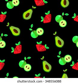 Seamless pattern with fruits. Seamless Food set in vector: strawberry, avocado, apple. Seamless Flat illustration. Sweet and appetite fruits in flat style. Seamless pattern for packaging.
