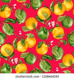 Seamless pattern with fruits. Fresh oranges and limes with flowers on the branches with leaves in graphic vector illustration in bright realistic colors