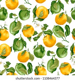 Seamless pattern with fruits. Fresh oranges and limes with flowers on the branches with leaves in graphic vector illustration in bright realistic colors