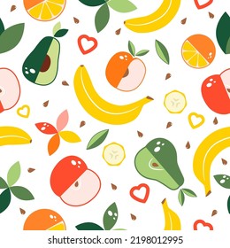 Seamless pattern with fruits, fruit pieces and decorative elements. Vector illustration isolated on white background.