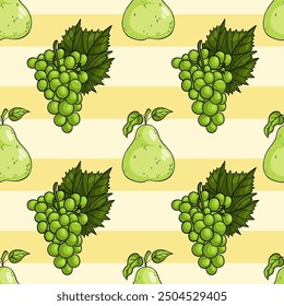 Seamless pattern with fruits green pear and bunch grapes on yellow striped background. Vector illustration