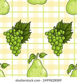 Seamless pattern with fruits green ripe pear and bunch grapes on yellow white checkered background. Vector illustration