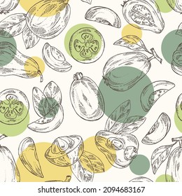 Seamless pattern with fruits: guava, feijoa fruit, santol and malay apple. Vector hand drawn illustration.