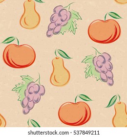 seamless pattern with fruits in hand drawn style - vector illustration. Apple, pear and grape drawn colored pencil on old paper.