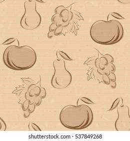 seamless pattern with fruits in hand drawn style. Vector illustration. Sepia sketch on old paper.