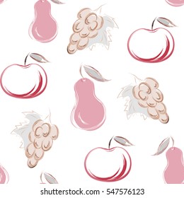 Seamless pattern with fruits in hand drawn style - vector illustration. Pastel color pencil sketch