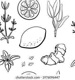 Seamless pattern with fruits and herbs for immunity stimulation in black line sketchy style isolated on white background. Doodle hand drawn vector illustration