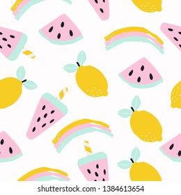 Seamless pattern with fruits and ice cream.  Vector illustration for printing on postcards, clothes, posters, banners, labels, stickers, fabric, packaging paper. Cute baby background.