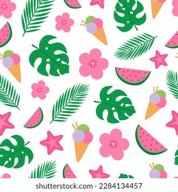 Seamless pattern fruits ice cream Orange juice cocktail in glass vector illustration