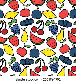 Seamless pattern with fruits icons. Colored doodle fruits pattern. Food background
