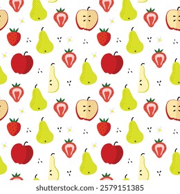 Seamless pattern of fruits including pears, apples, strawberries with seeds and flowers.