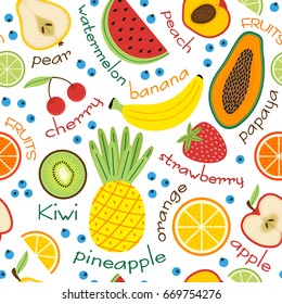 seamless pattern with fruits and inscriptions- vector illustration, eps
