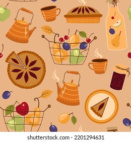 seamless pattern fruits, jam and tea