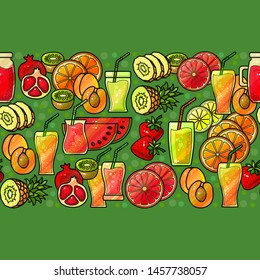 Seamless pattern with fruits juice. Summer bright fruit and cocktail citrus background. Pineapple, strawberry, kiwi, peach, watermelon slice, lemon, and pomegranate. Fashion print design, vector.