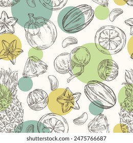 Seamless pattern with fruits: kepundung fruit, pineapple, carambola and mangosteen. Vector hand drawn illustration.