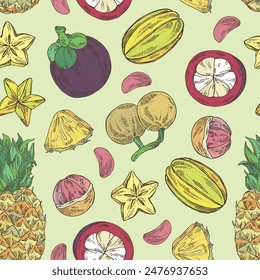 Seamless pattern with fruits: kepundung fruit, pineapple, carambola and mangosteen. Vector hand drawn illustration.