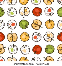 Seamless pattern with fruits for the kitchen. Red, yellow and green apples. Food. Hand drawn.