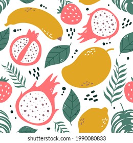 Seamless pattern fruits and leaf isolated on white backgroud. Mango, Dragon fruit, Strawberry, Banana, Lemon, Pomegranate. Vector illustration.