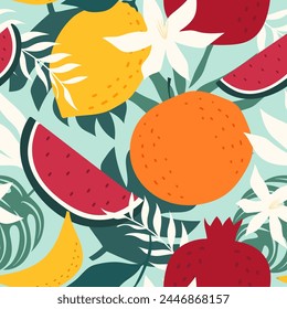 Seamless pattern fruits and leaf Orange, Banana, Lemon, Pomegranate, Watermelon, Vector illustration.