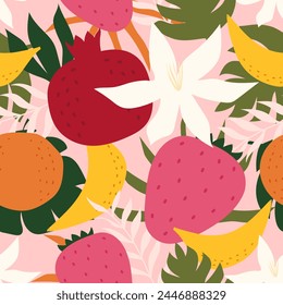 Seamless pattern fruits and leaf. Orange, Banana, Strawberry, Pomegranate. Vector illustration.