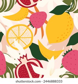 Seamless pattern fruits and leaf. Orange, Banana, Strawberry, Pomegranate. Vector illustration.