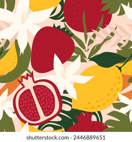 Seamless pattern fruits and leaf. Orange, Banana, Lemon, Pomegranate, Strawberry. Vector illustration.