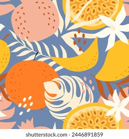 Nahtloses Muster von Früchten und Blättern. Orange, Passionsfrucht, Banane, Granatapfel, Vektorillustration.