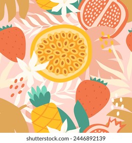 Nahtloses Muster von Früchten und Blättern. Ananas, Passionsfrucht, Erdbeere, Granatapfel, Vektorillustration.