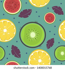 Seamless pattern with fruits (lemon, kiwi, watermelon). Contemporary art. Vector illustration