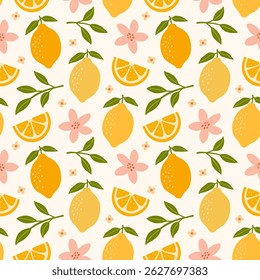 Patrón sin fisuras con frutas, limones y flores. Diseño de fondo de fruta de verano