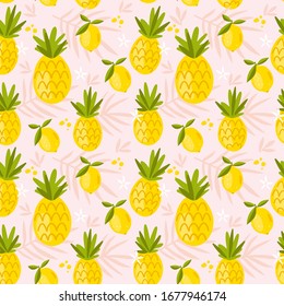 Seamless pattern with  fruits lemons and pineapples.Hand drawn illustration